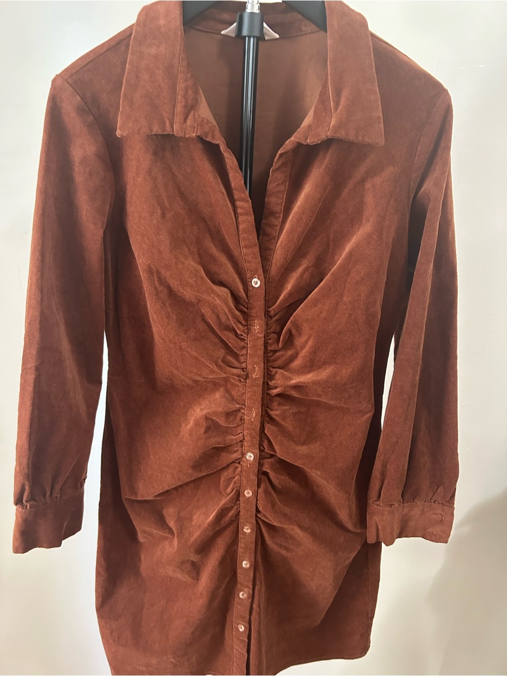 Ruched Button-Down Shirt Dress in Rust Brown